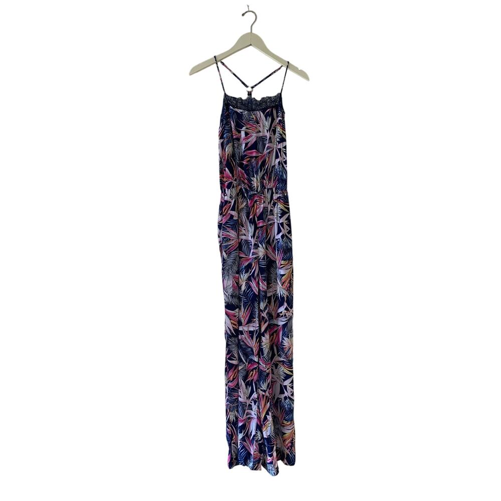 Laundry by Shelli Segal Tropical Floral Jumpsuit 6 Blue Pink Lace Trim Pockets